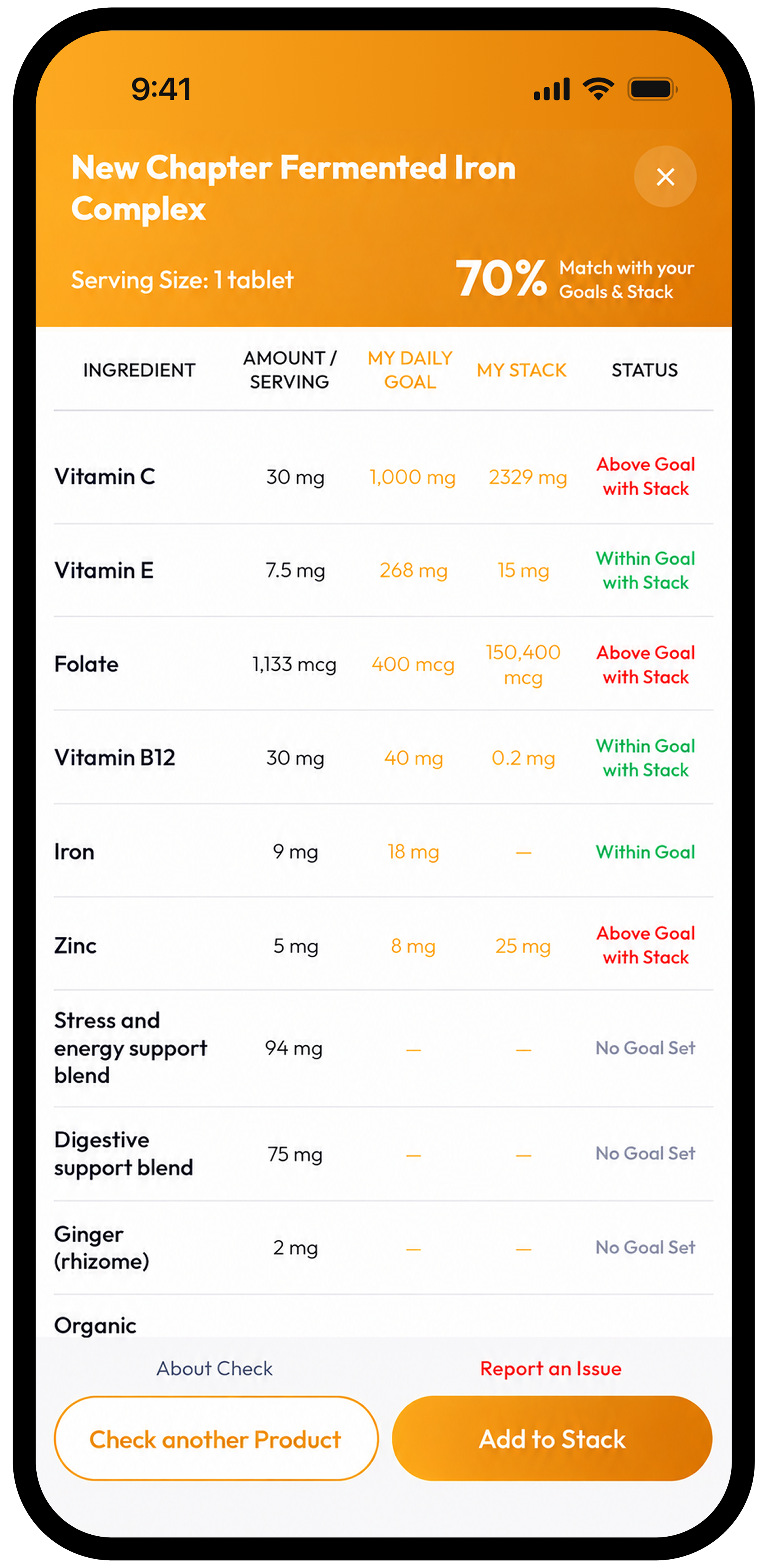 MyVitaAI Check results showing supplement ingredients against personal goals