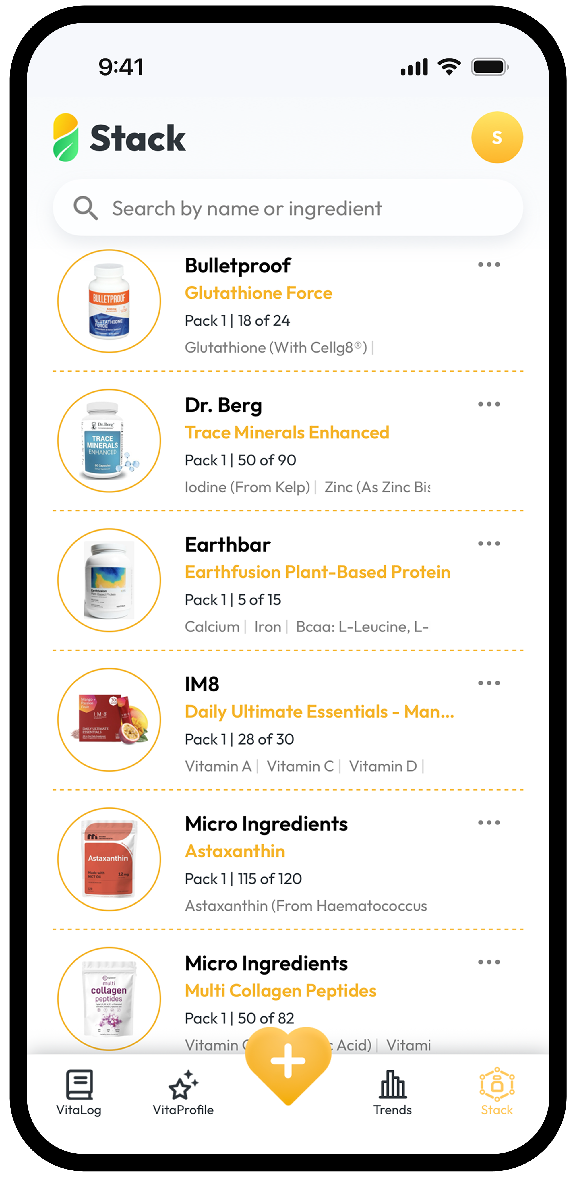 MyVitaAI Stack screen with a searchable list of supplements