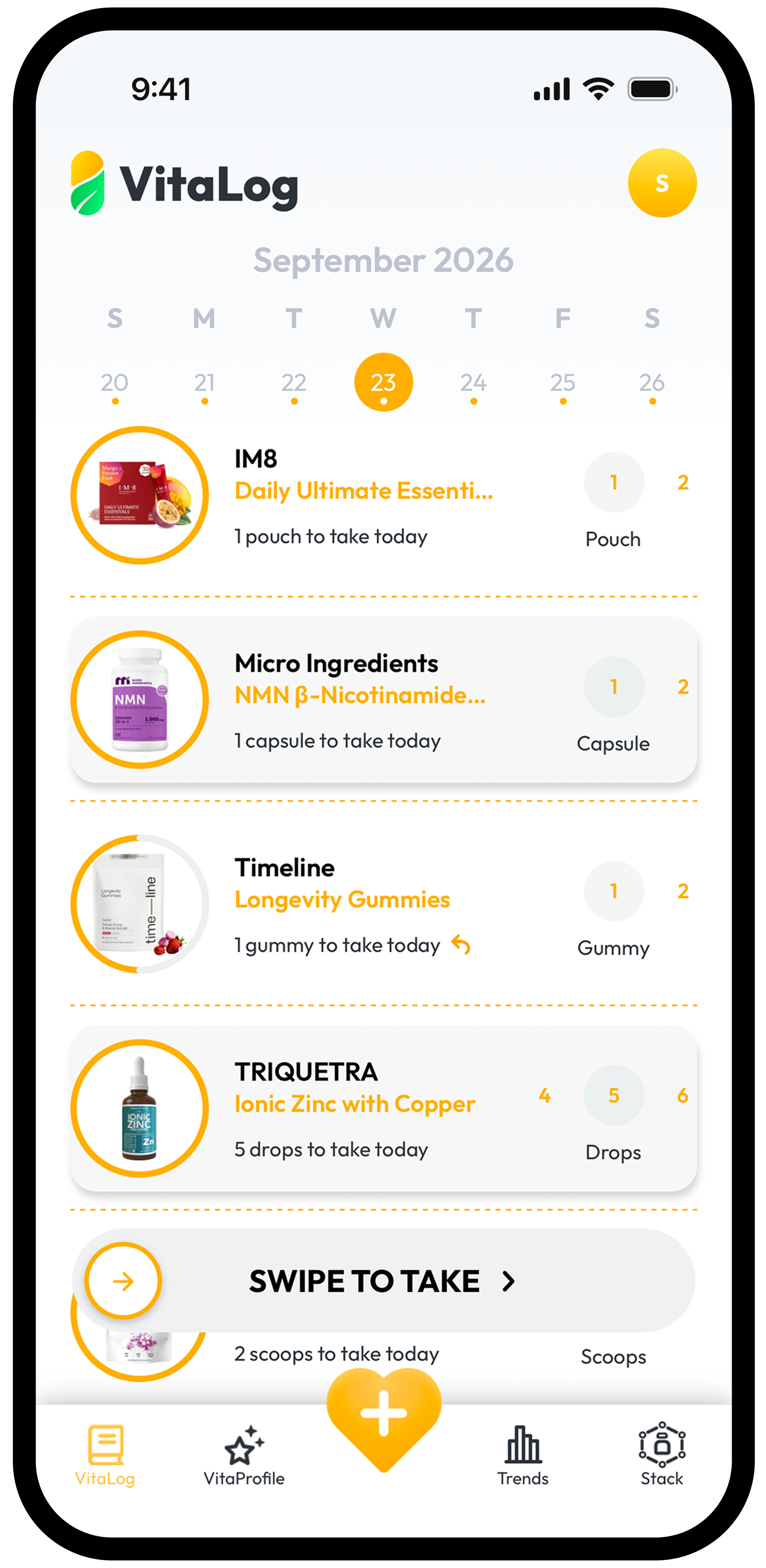 MyVitaAI VitaLog screen showing a daily supplement schedule
